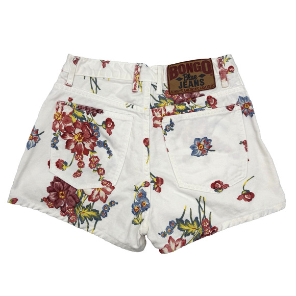 Vintage 80s 90s BONGO White & Floral Print Denim High Rise Mom Shorts Jr 1 25x2" - Picture 1 of 14